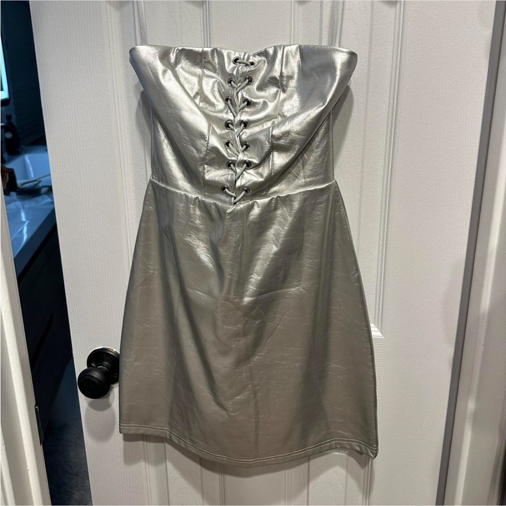 by the way. Metallic Silver Strapless Dress